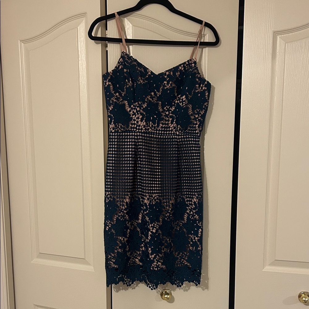 Elegant Lace Overlay Dress in Navy and Nude
Size small- dress the population.